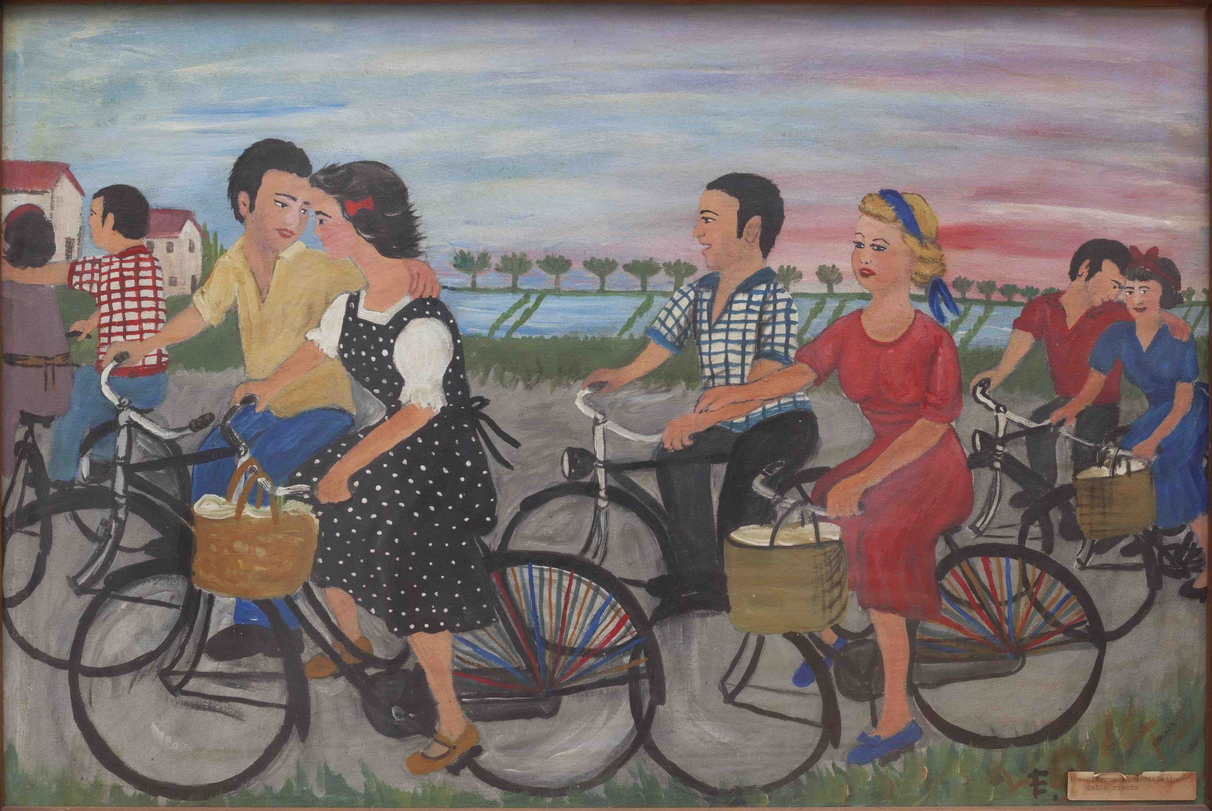 Fig. 5. Ermanna Chiozzi, <i>Ritorno in bicicletta dalla risaia di Ermanna e Umberto Finessi e altre coppie (ricordo del 1934)</i>, tecnica mista su tela, 47x71 cm, Collezione privata.